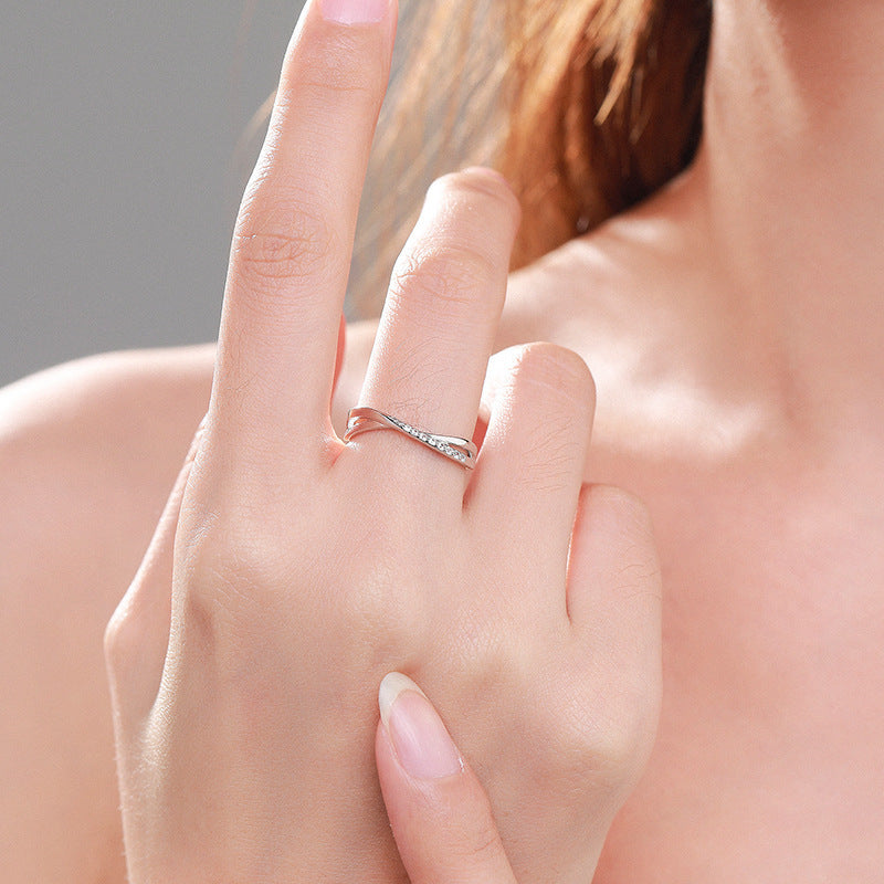 Womens Sterling Silver Ring Gold Plated Gemstone Inlay Geometric Cross Line Design Korean Fashion Travel Inlay