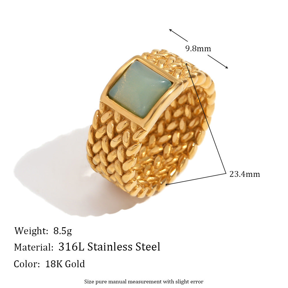 Vintage Stainless Steel 18K Gold Plating Woven Square Natural Stone Ring