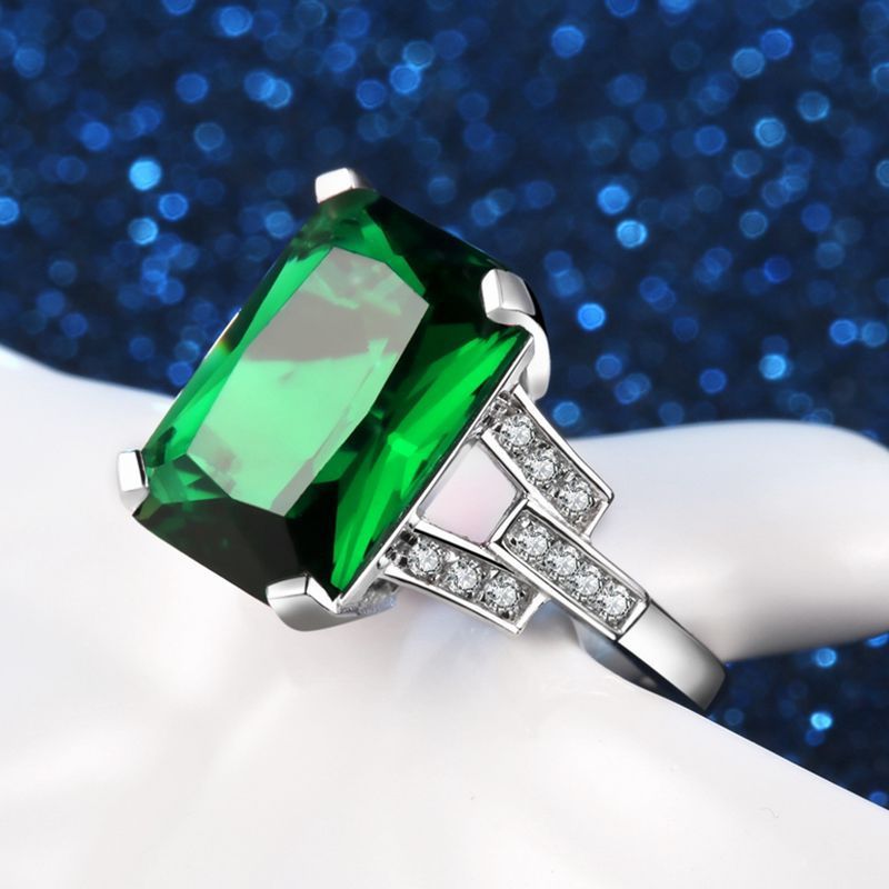 Emerald Square Ring White Gold Plated Copper Geometric Inlaid Gemstone Jewelry For Office Wear For Office Wear