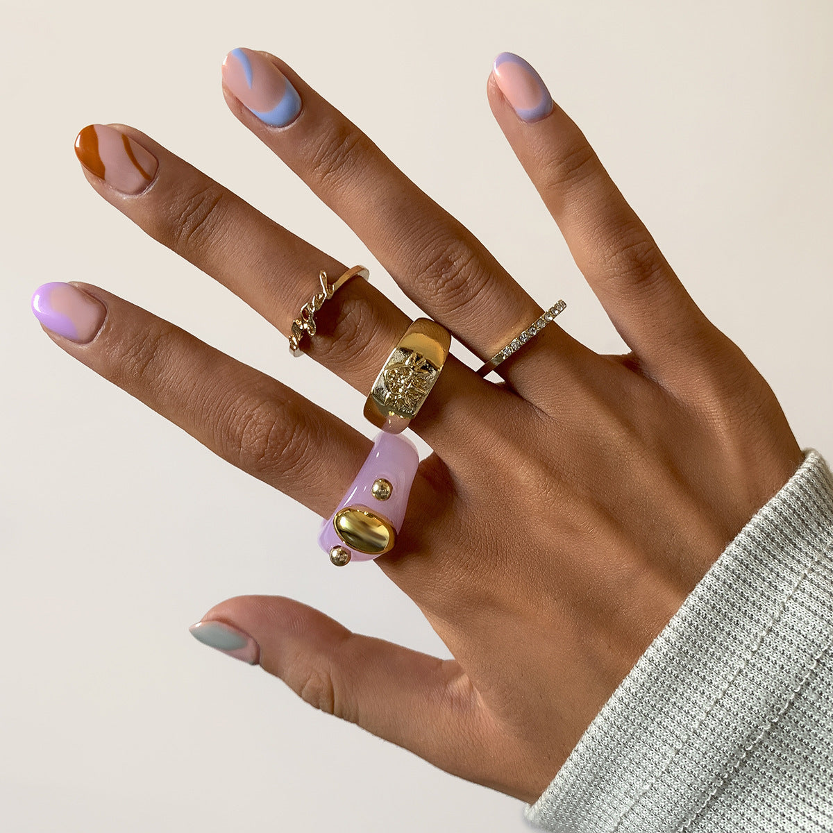 Geometric Letter Ring Set Vintage Alloy Rhinestone Pave