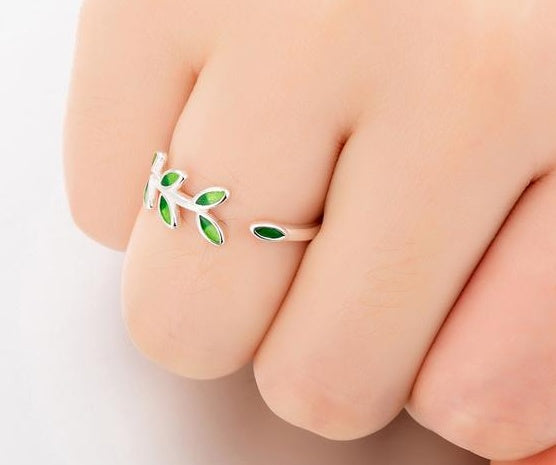 Sterling Silver Green Leaves Open Ring For Women Korean Style Flower Design Gift Jewelry Handcrafted Open Back