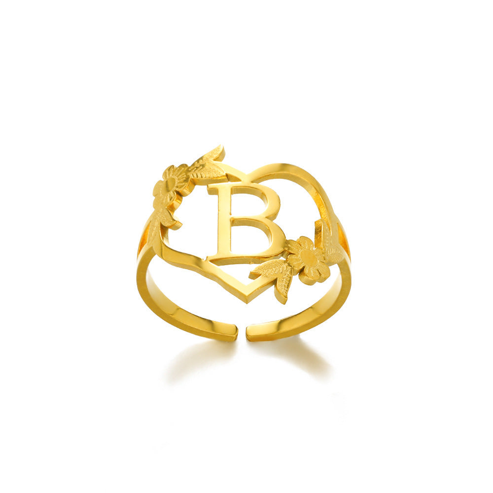 Heart Shaped Initial Rings Women Adjustable Stainless Steel Letters Ring Unisex European Design Letters Numbers