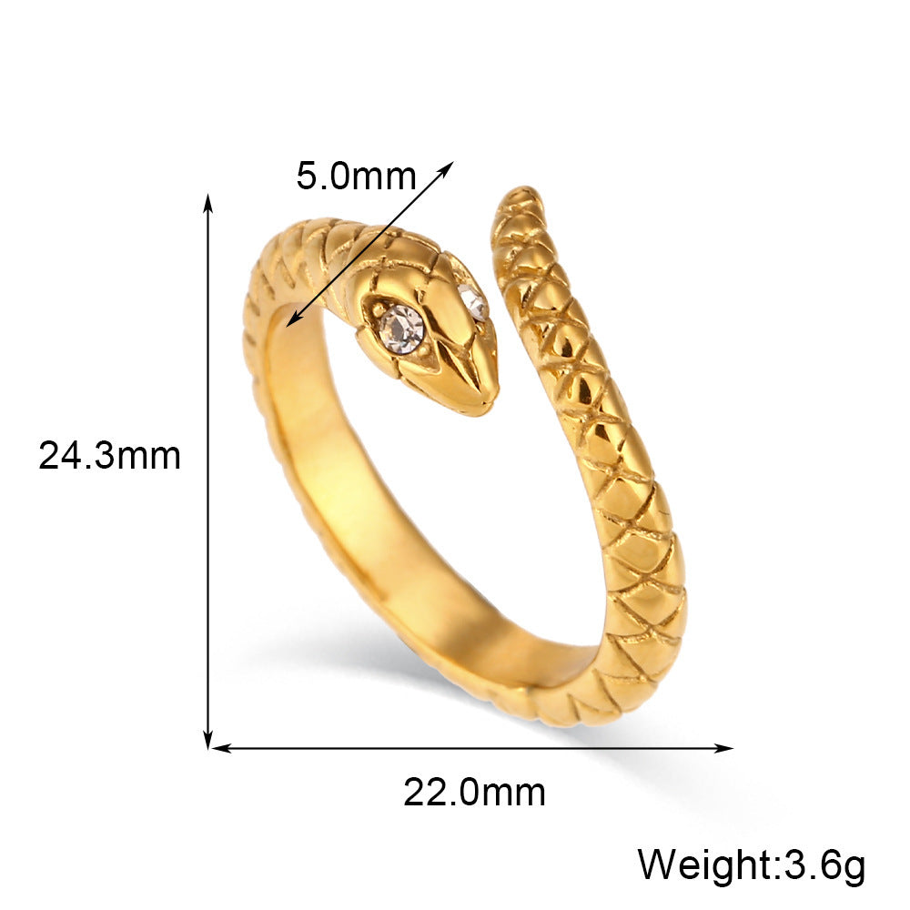 Stainless Steel Gold Plated Ring Open White Diamond Eye Snake Design Adjustable Fashion Ring For Women Fashion