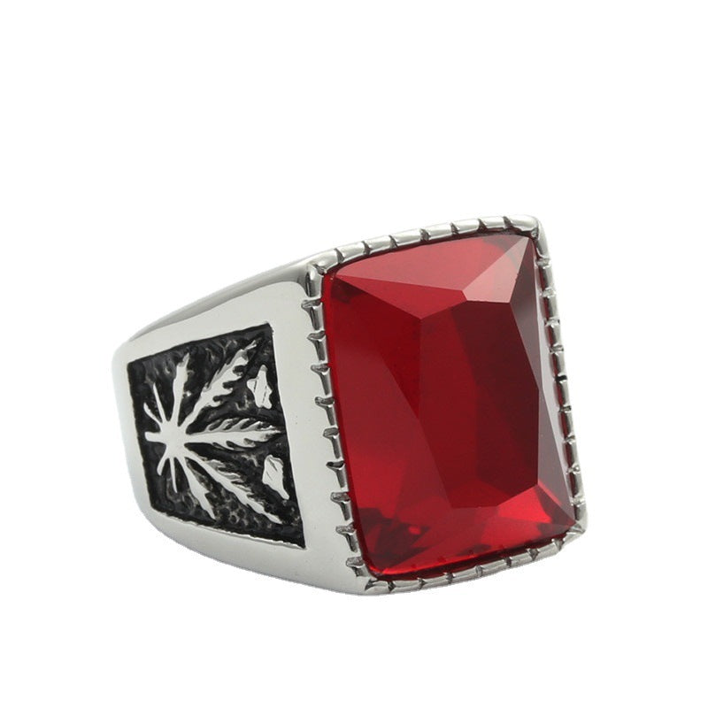 Titanium Steel Leaf Gemstone Retro Stainless Steel Square Ring