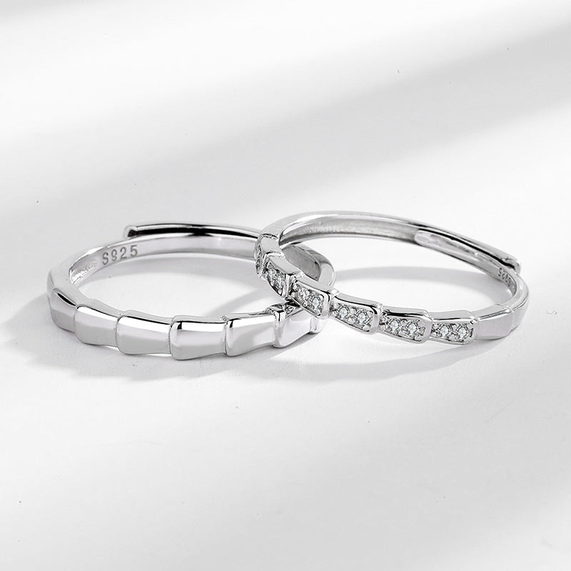 Bamboo Couple Rings Set For Him And Her Adjustable Silver Plated Open Rings Anniversary Jewelry Gift Ins Style