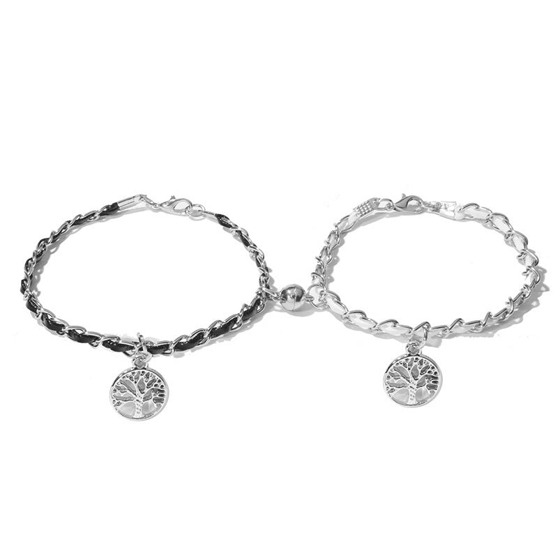 Tree of Life Couple Bracelets Set with Magnetic Buckle Alloy Jewelry Gift for Anniversary Black Finish Duo Set