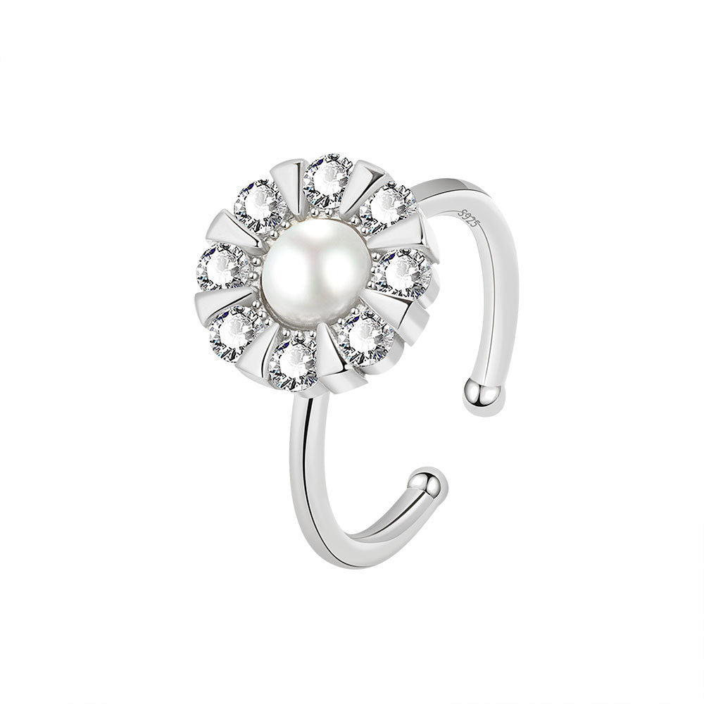 Womens Adjustable Ring With Rotating Zircon Pearl Inlaid Copper Band 13mm Gem Jewelry Fashion Elegant Timeless Piece