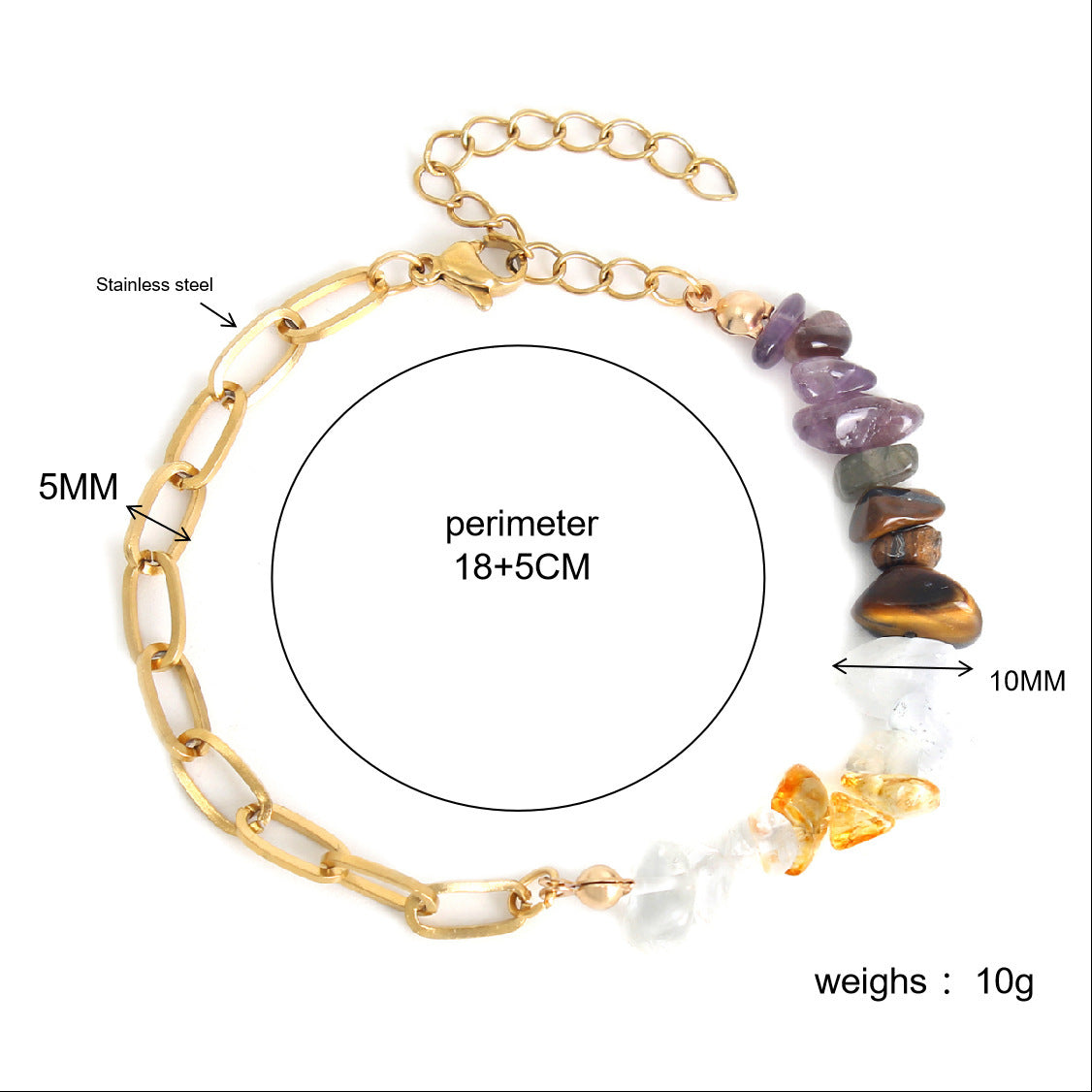 Womens Handmade Natural Crystal Gravels Stainless Steel Double Bracelet Sweet Geometric Mixed Material Fashion