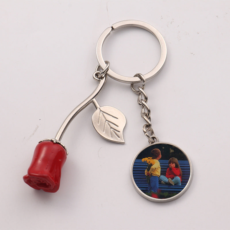 Zinc Alloy Rose Keychain Modern Art Round Pendant Durable Metal Key Ring For Keys And Bags Rose Modern Gift Idea