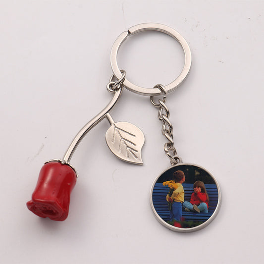 Zinc Alloy Rose Keychain Modern Art Round Pendant Durable Metal Key Ring For Keys And Bags Rose Modern Gift Idea