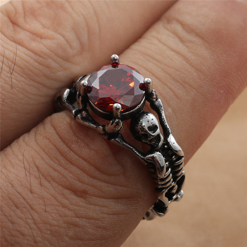 Titanium Steel Diamond Red Rock Ring Vintage Skull