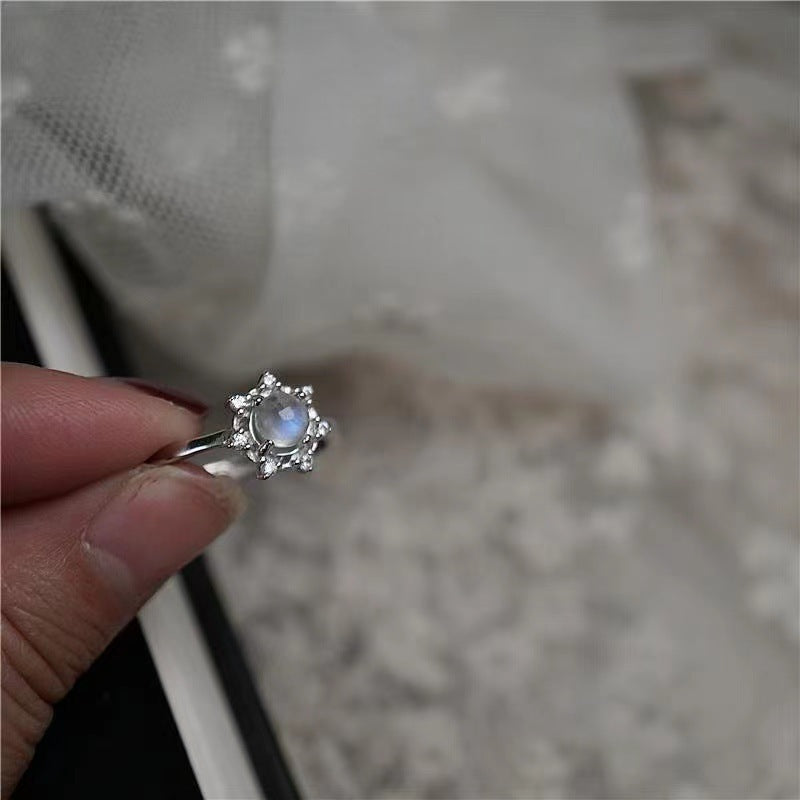 Womens Electroplated Copper Ring Moonstone Snowflake Design Sterling Silver Plated Fashion Ring Jewelry For Everyday Wear