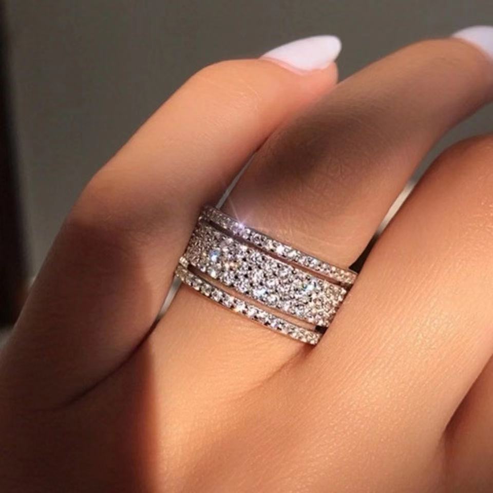 Silver Wide Band Ring Unisex Metal With Inlaid Gems For Engagement Travel Gift Ideal Everyday Jewelry Gift Ready
