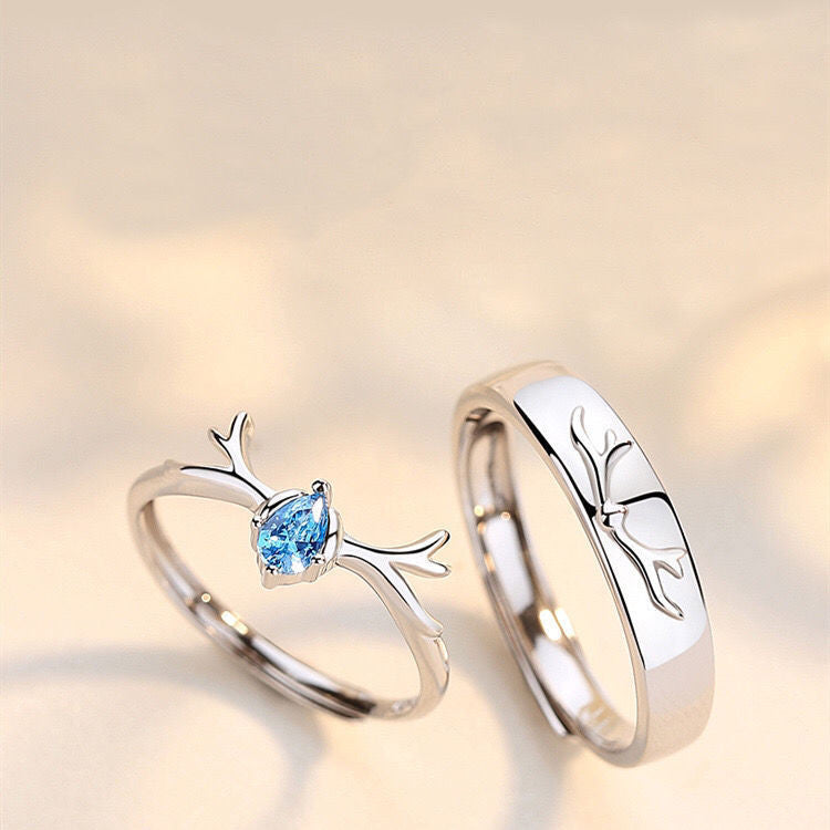 Deer Ring for Couples Animal Ring Set Matching Rings for Lovers Gift Jewelry for Him and Her Mens and Womens White Diamond and Blue Diamond Options