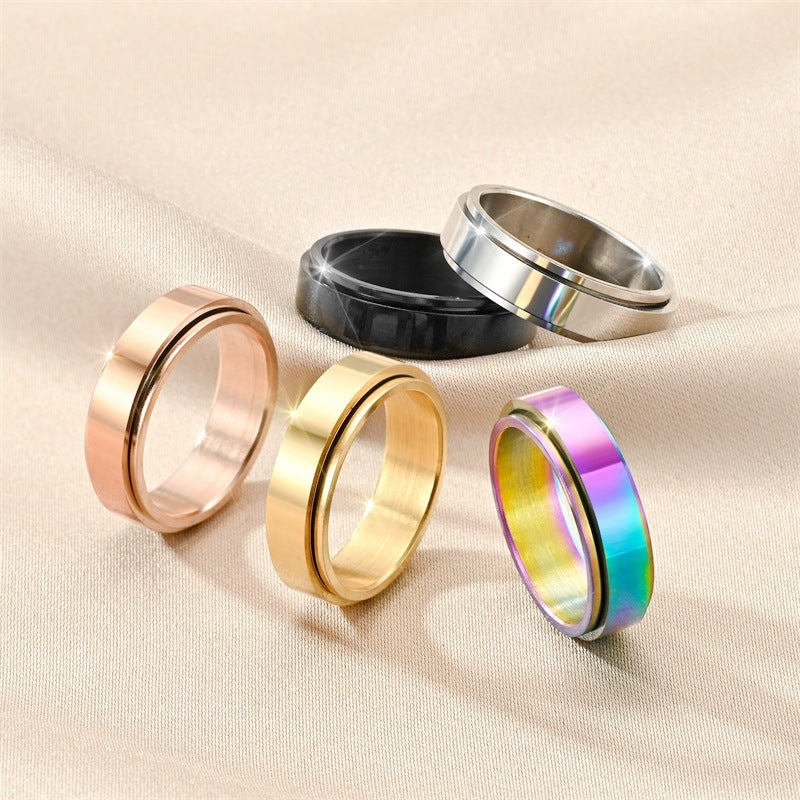 Unisex Rotating Titanium Steel Ring Simple Band Geometric Design Polished Stamped 6mm Wide 2mm Thick Ring For