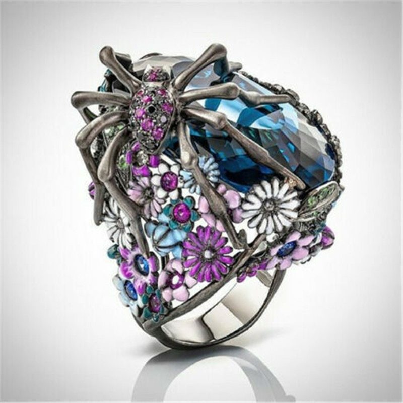 Spider Shape Drip Flower Ring Alloy Gold Plated Gemstone Inlay Europe America Size 6 7 8 9 10 Color Stone Gems