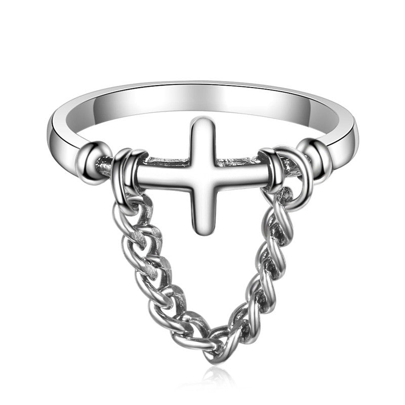 Punk Street Retro Cross Chain Ring Copper Electroplated Geometry Jewelry Thai Silver Style Vintage Silver Tone