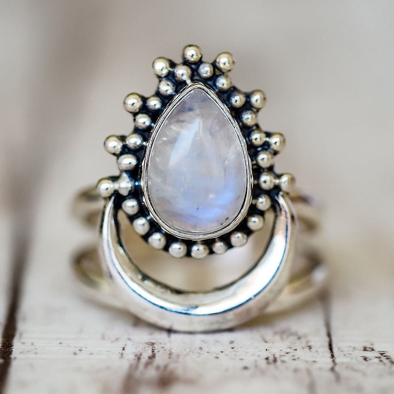 Moonstone Ring Sterling Silver Inlaid Gemstone Copper Band For Women European American Jewelry Elegant Craftsmanship