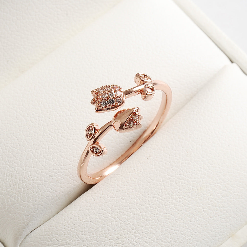 Vintage Rose Copper Ring With Inlaid Gemstones Flower Design For Women European Fashion Ring Elegant Accessory