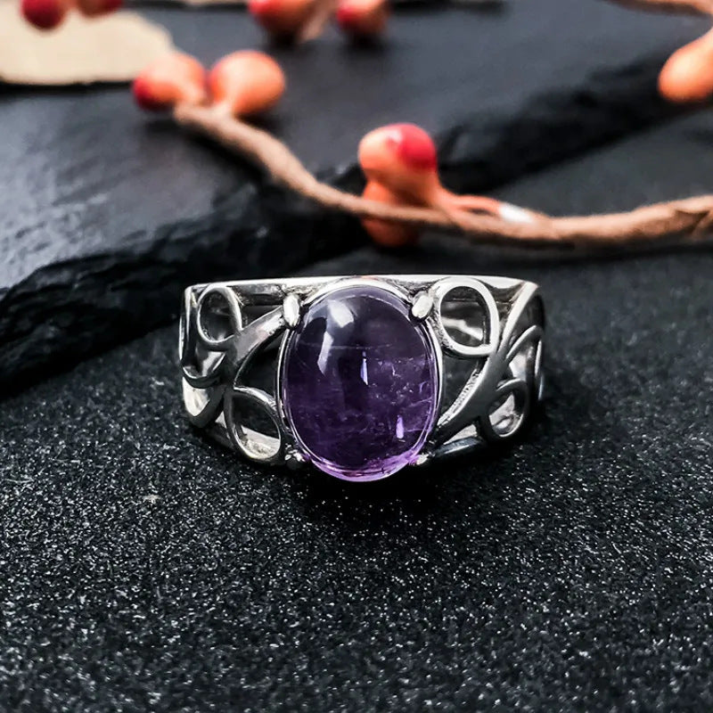 Women's Retro Ring with Natural Gemstone Hollow Pattern Copper Band Statement Ring for Her Vintage Inspired Jewelry Gift US Size 6 7 8 9 10