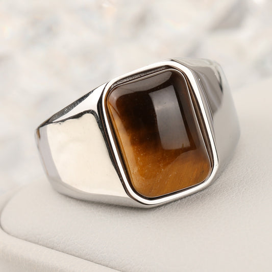 Mens Stainless Steel Ring With Tiger Eye Stone Vintage Jewelry Band Statement Ring For Men Durable Everyday Ring