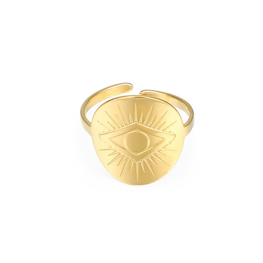 Womens Gold Tone Stainless Steel Devil Eye Geometric Trend Fashion Opening Adjustable Ring For Everyday Wear Essentials