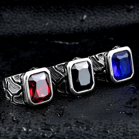 Men's Vintage Ring Stainless Steel Fashion Band with Gemstones Geometric Design Birthday Gift Ring Individually Packed Zircon Inlay