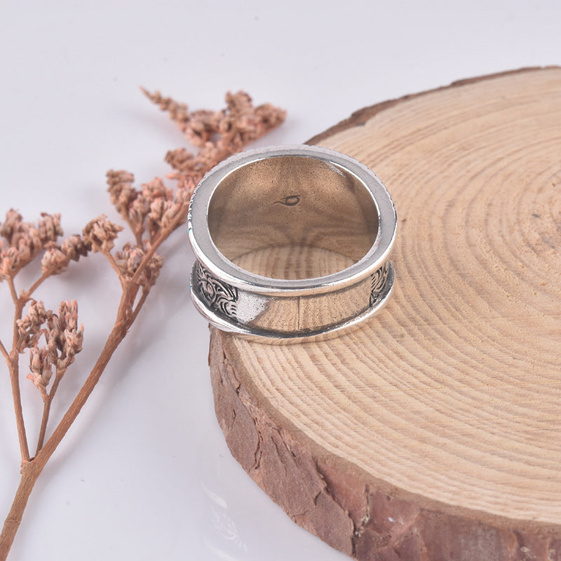 Unisex Turquoise Inlaid Flower Ring Sterling Silver Gemstone Engagement Wedding Band European American Classic