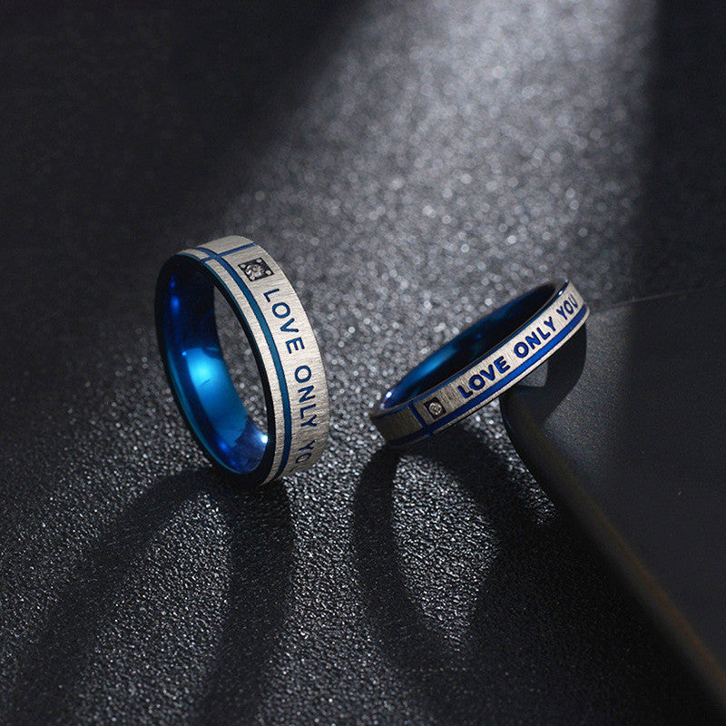 Stainless Steel Couples Rings Set For Him And Her Blue Plated With Diamond Love Engraving Simple Geometry BandsPro