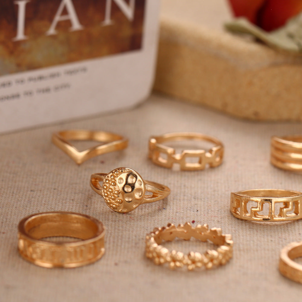 Unisex Geometric Ring Hollow Petaled Design Alloy Gold Plated Inlaid Gemstones Fashions Ring Set For Men Women