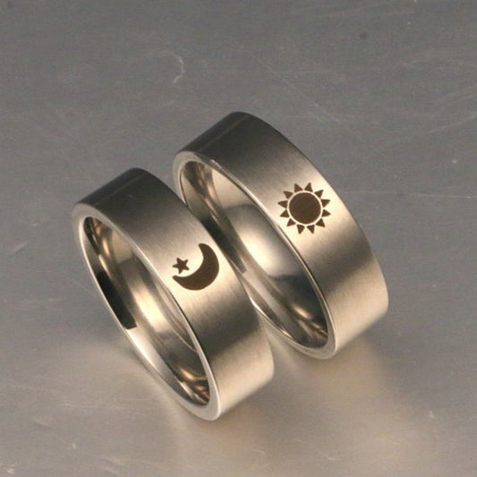 Couple Rings Handmade Titanium Steel Sun Moon Pattern Promise Bands for Men and Women Affordable Luxury Unisex