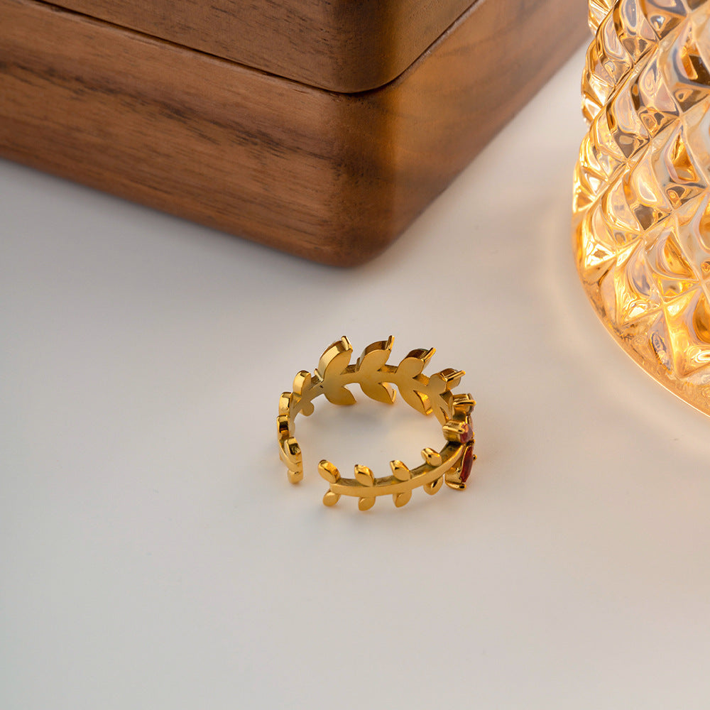 Zircon Leaf Open Ring Adjustable Stainless Steel Jewelry