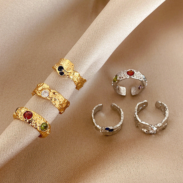 Irregular Metal Ring for Women French Retro Style Zircon Gold Plated 24k Shine Elegant Everyday Accessory Gift