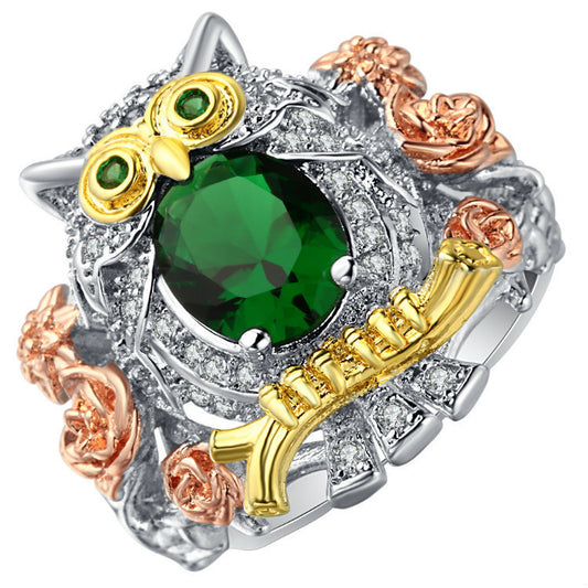 Copper Owl Ring With Green Zircon Inlay Unisex Jewelry Animal Zodiac Style Sizes 6 7 8 9 10 Birthday Gift Elegant