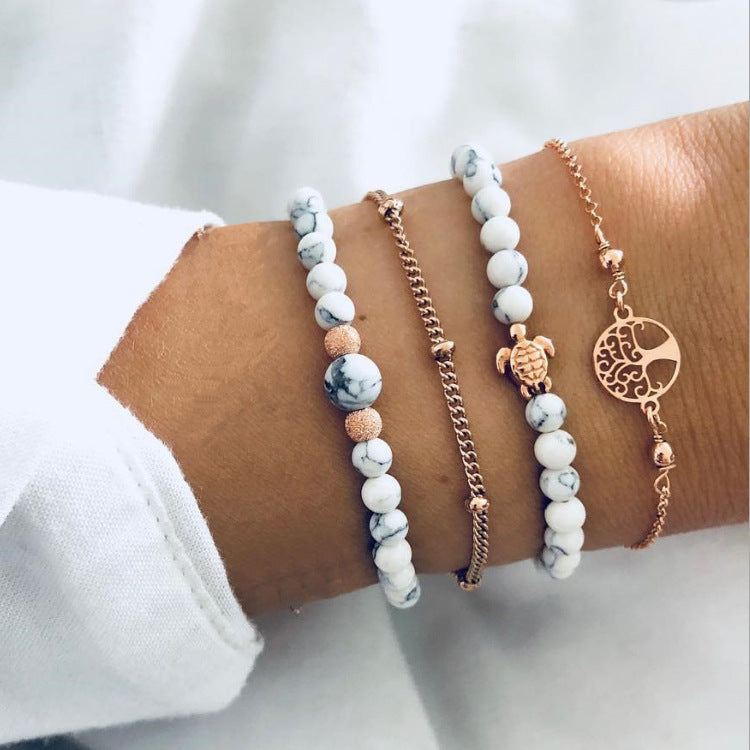 Turquoise Turtle Bracelet Set For Women Creative Alloy Metal Bracelets Tree Life Hollow Design Four Piece Gift