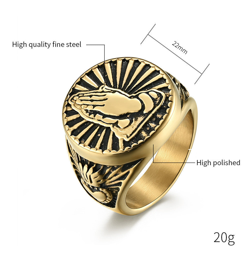European And American Style Christian Prayer Hands Stainless Steel Ring Ring