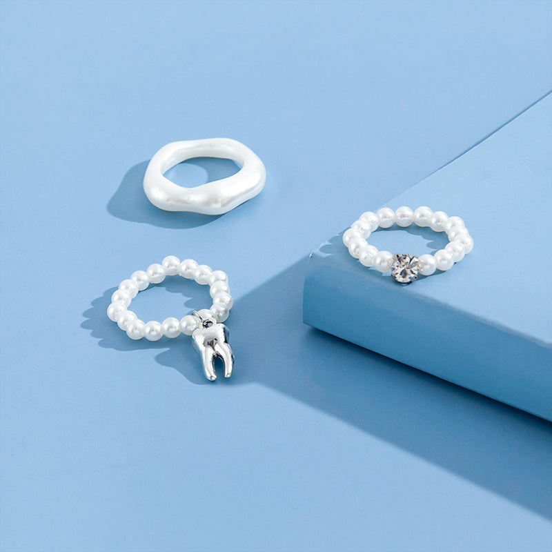 Set of 3 Imitation Pearl Rings for Women Geometric Bead Plated Elastic Rings Fashion Jewelry Everyday Wearable