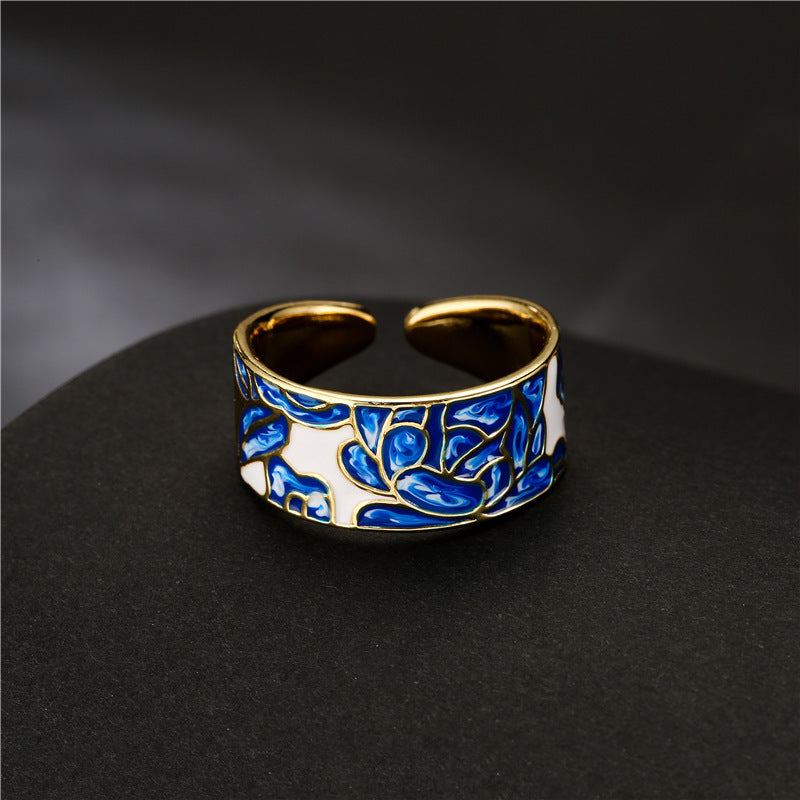 Adjustable Blue White Porcelain Ring With Zircon Inlay Copper Finish For Women Elegant Fashion Jewelry Daily Wear Gift