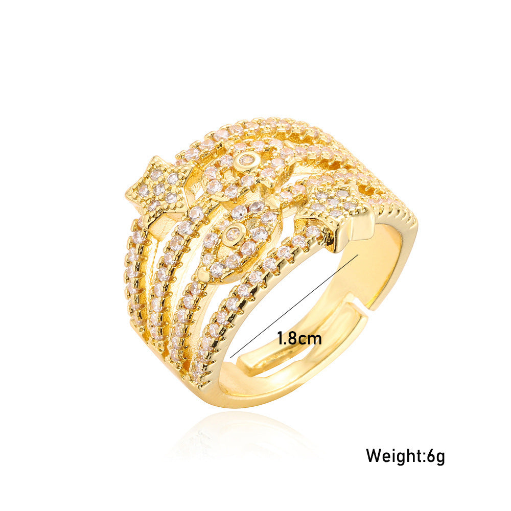 Real Gold Plated Adjustable Copper Ring For Women Open Design With Zircon Inlay Elegant Geometric European Jewelry