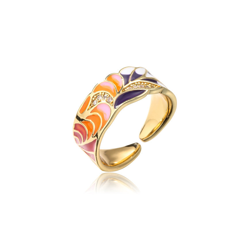Women Copper Adjustable Opening Rings Gold Plants Designs Geometric Microinlay Trendy Fashion Jewelry Accessory