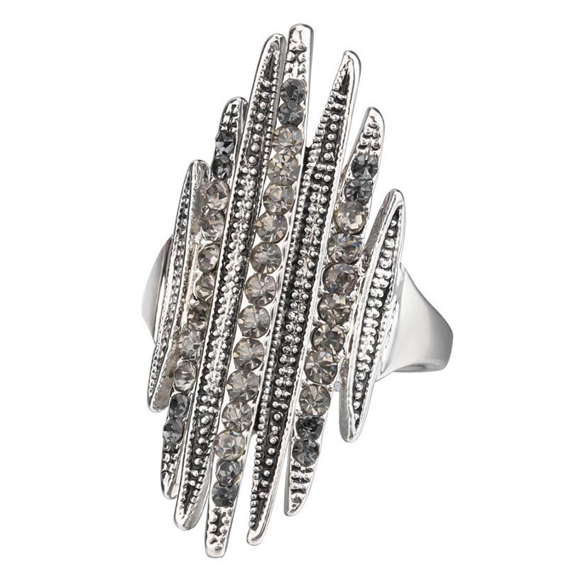 Unisex Vintage Ring Alloy Three Row Geometric Design With Inlaid Artificial Gems Electroplated Finish Packed Online