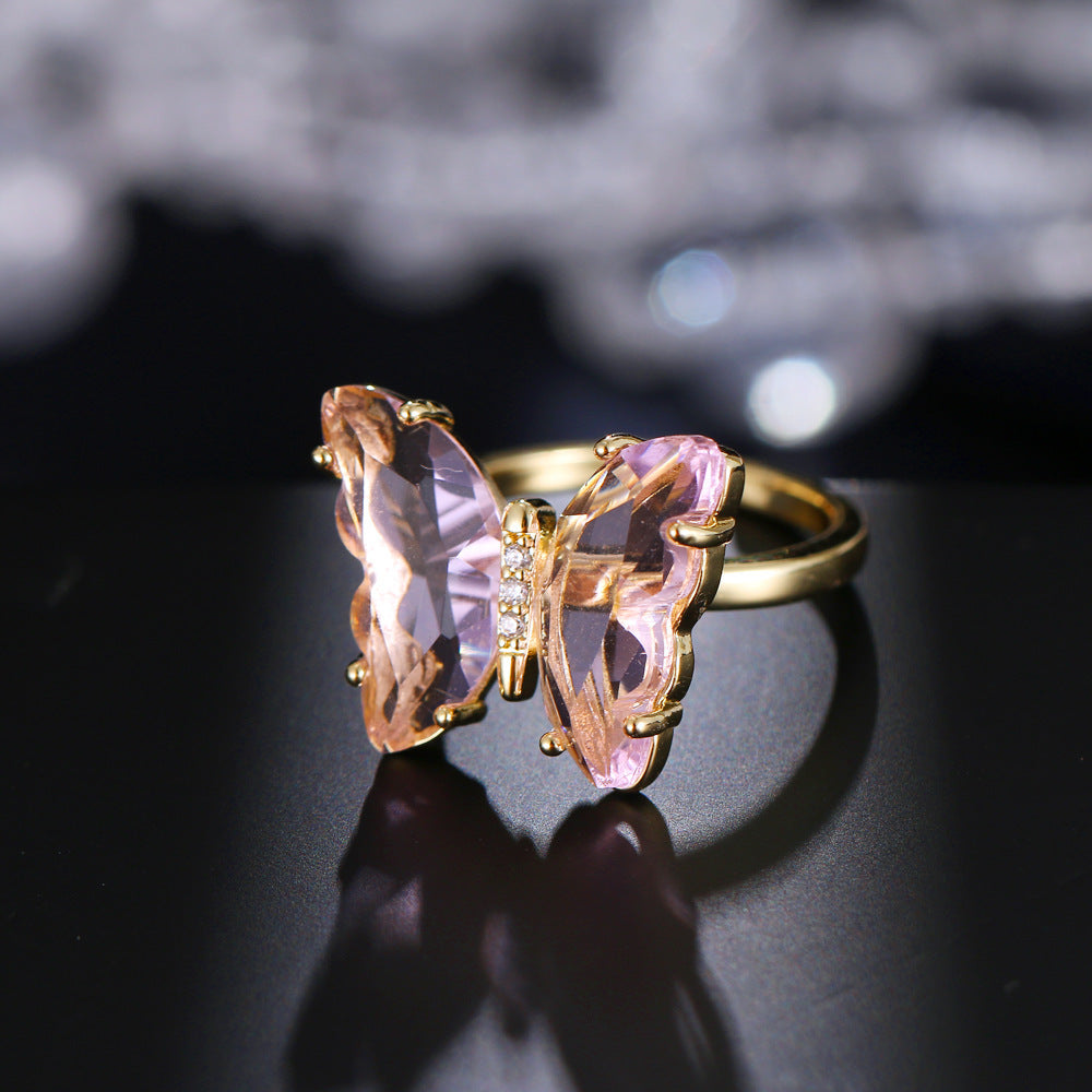 Crystal Butterfly Ring With Zircon Copper Gold Plated Finish For Women Wedding Gift Exquisite Jewelry For Sale