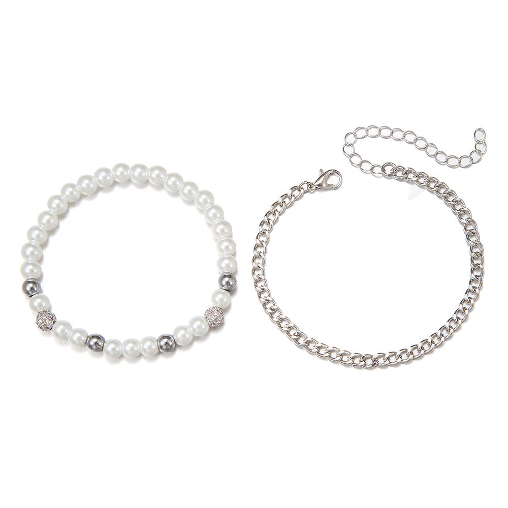 Unisex Geometric Bracelet Set Artificial Pearl Chain Bracelets With Zircon Accents Matching Couple Jewelry Gift