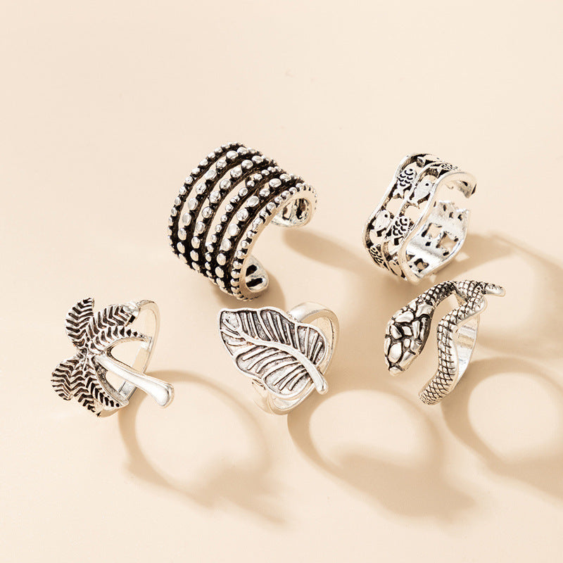 Gold Plated Adjustable Ring Set Retro Opening Design Featuring Fish Snake Coconut Tree And Leaf Shapes Jewelry