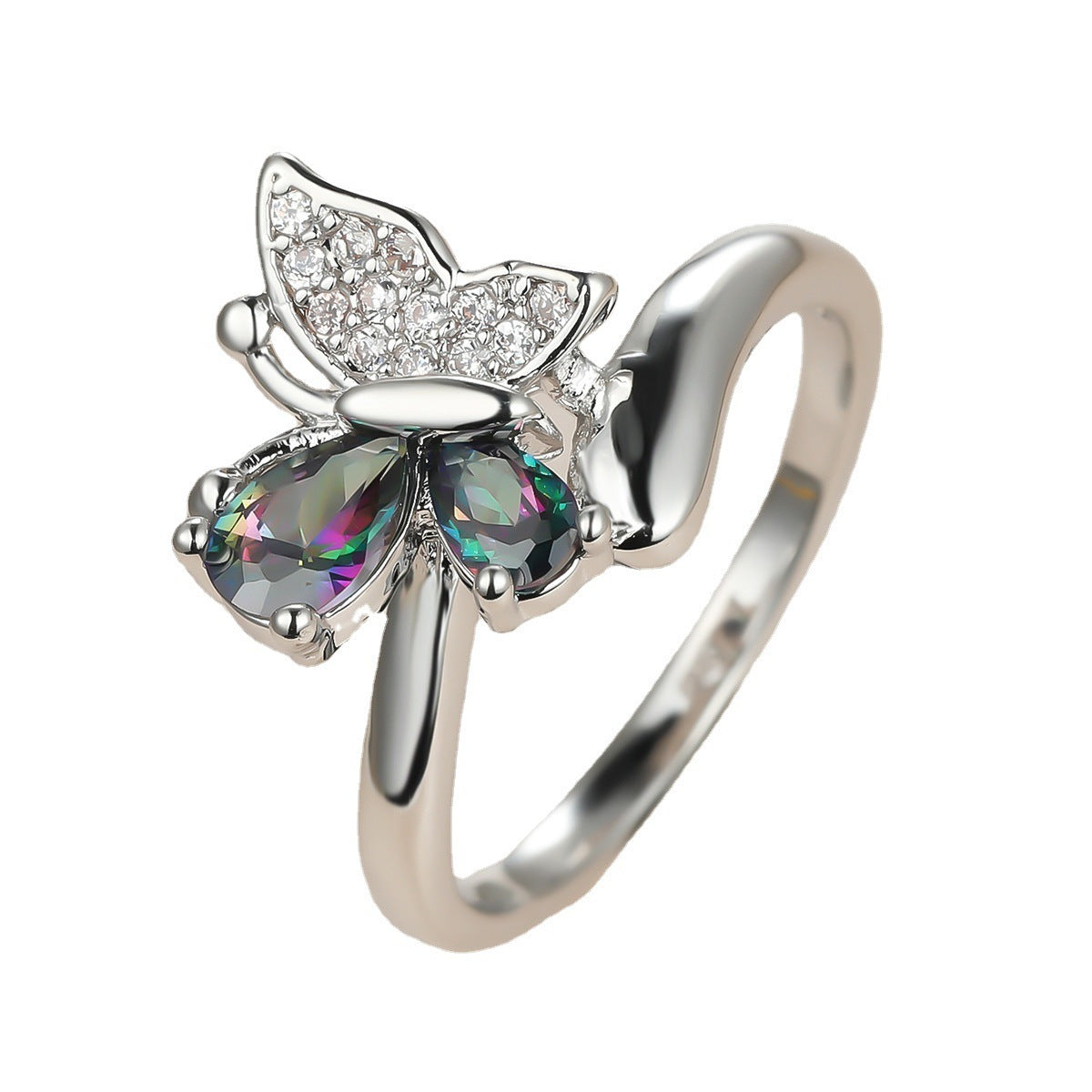 Womens Copper Ring With Butterfly Bow Design Silver Color Zircon Inlay Fashion Ring Trendy Jewelry Everyday Wear Gift
