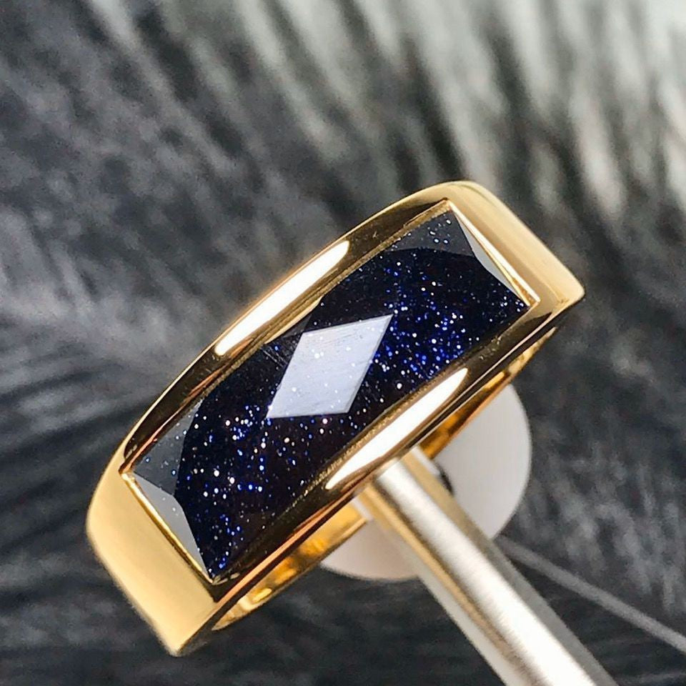 Three Color Semi Precious Stone Ring Stainless Steel Leaf Geometry Water Ripple Blue Sand Gold Size 6 7 8 9 10