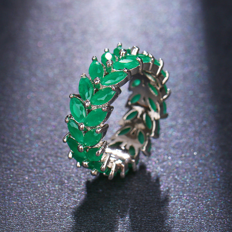 Womens Peridot Leaf Geometric Ring In Alloy Electroplated White Gold Look With Green Diamond Chic Ring Sparkle