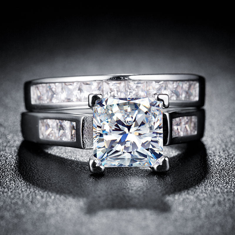 Unisex Zircon Inlaid Copper Couple Rings Diamond Look Geometric Engagement Wedding Promise Gift For Him And Her