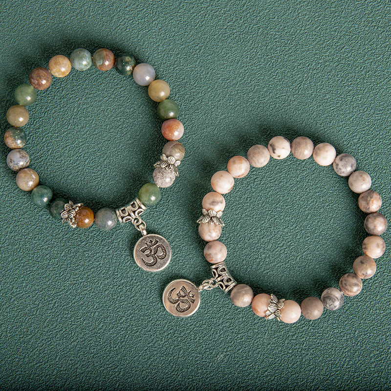 Mens Beaded Bracelet Handmade Blue Grain Stone Bracelet 8MM Unisex Round Geometric Bracelet Agate Lotus Letter