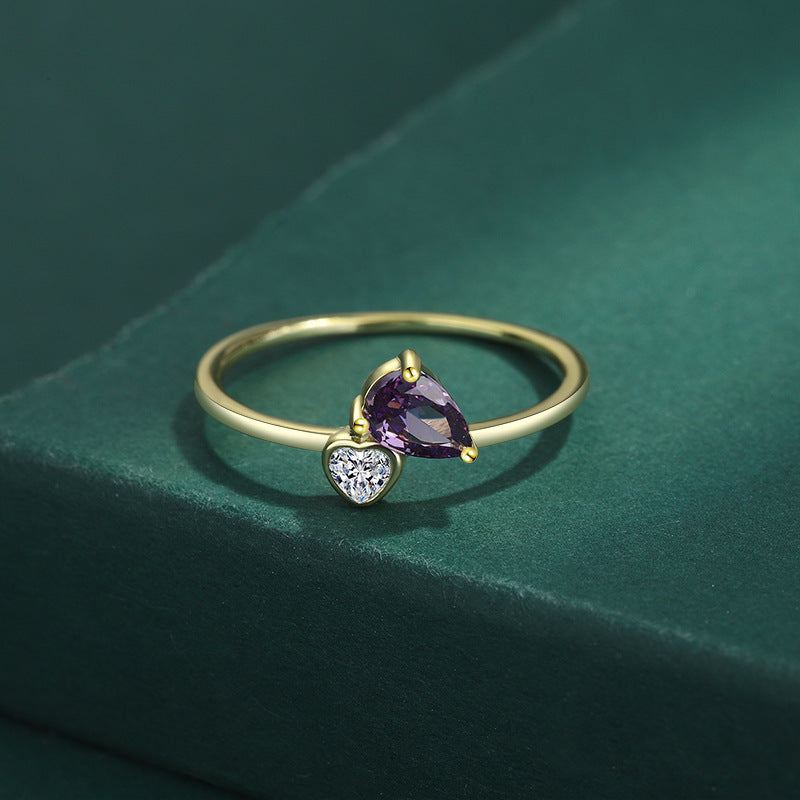 Women's Ring 14K Gold Plated Ring with Purple Gem and Peach Heart Design S925 Sterling Silver Ring Electroplated Diamond Ring for Her
